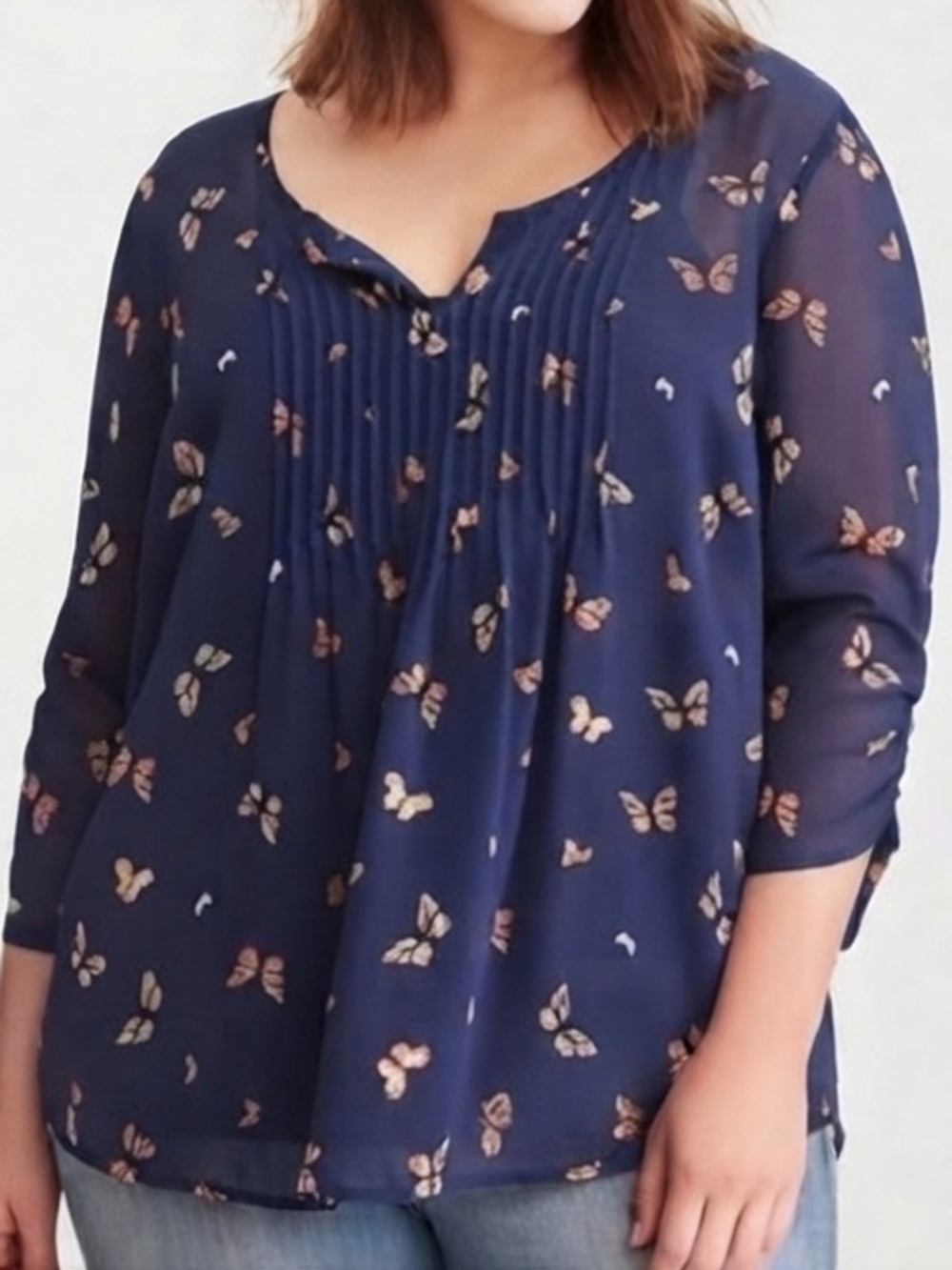 TORRID Navy Sheer Butterfly Pintuck Blouse 1X